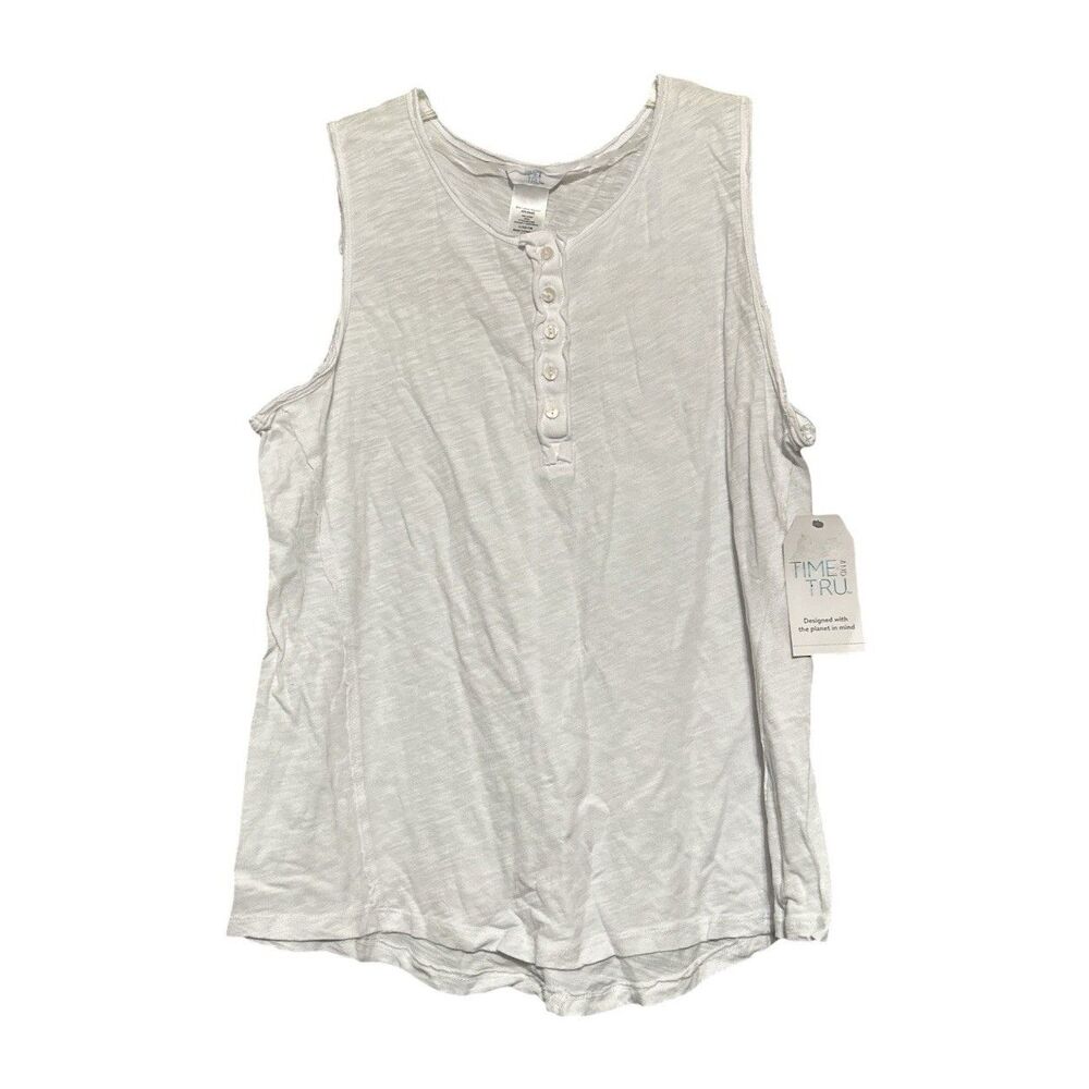 Time and Tru White Sleeveless Henley Tank Top L 12-14 Button Front Soft Cotton